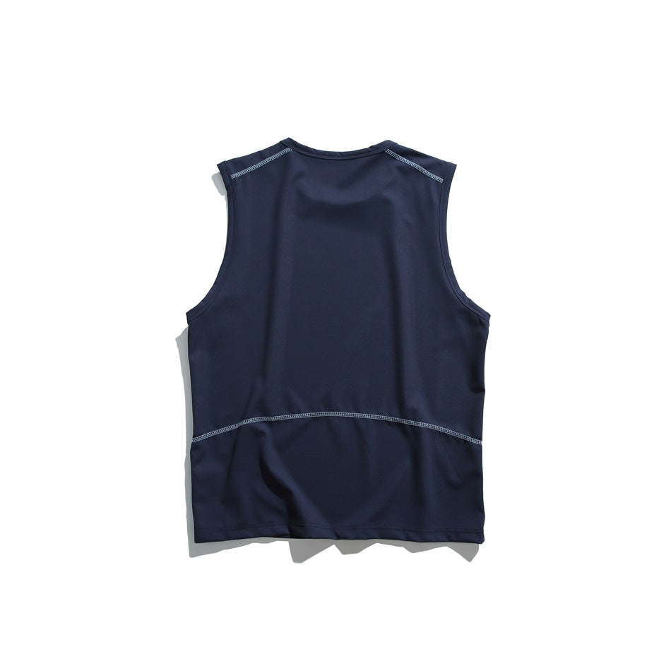 Navy sleeveless top back view with contrast stitching on shoulders and a horizontal seam across the lower back