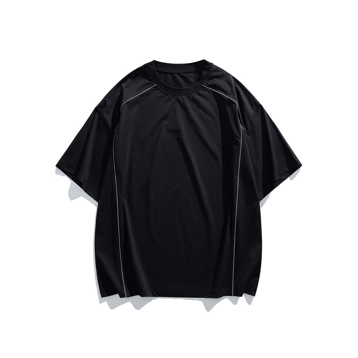 Black short-sleeve crew-neck T-shirt flat lay with thin grey piping from shoulders down the sides