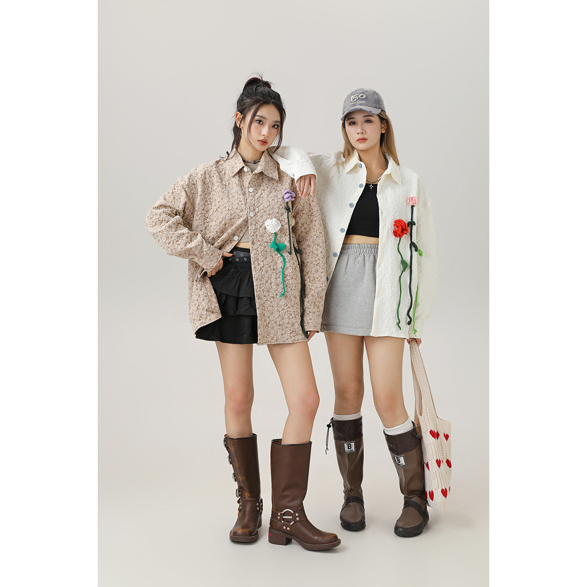Two models wear oversized floral jackets: one beige with raised flower details and one cream with colorful flower appliqués.