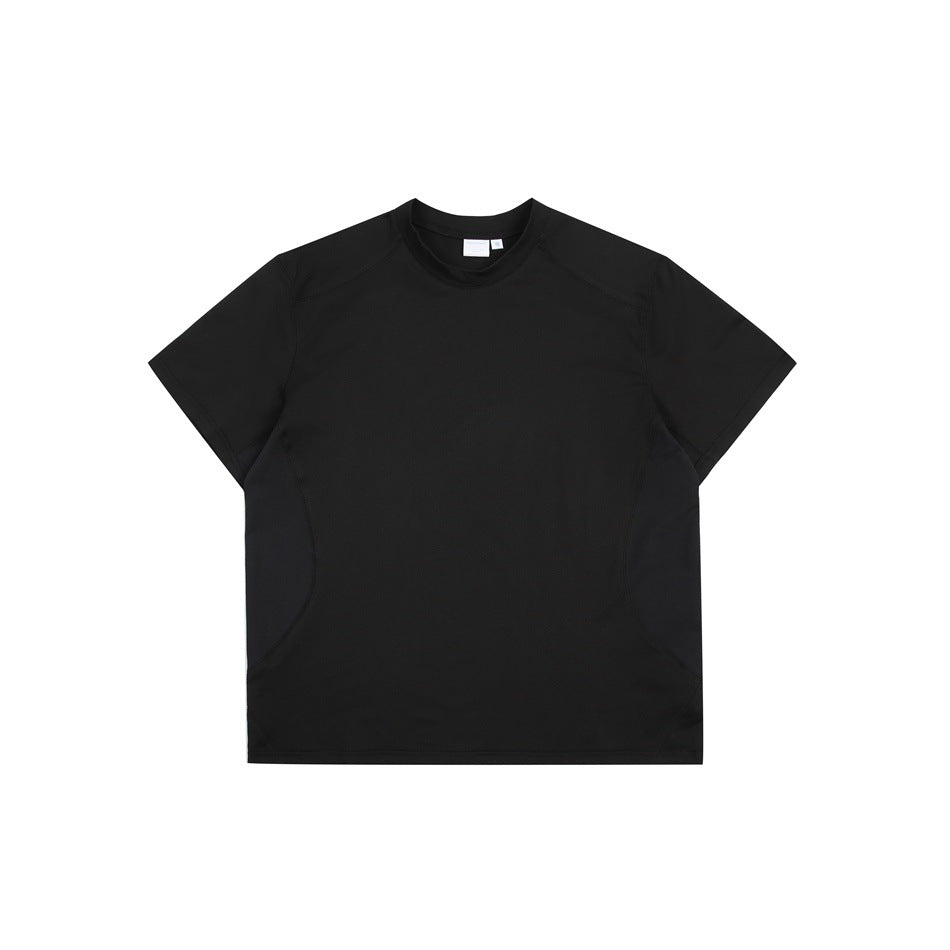 Black short-sleeve crew-neck T-shirt with tonal curved side panel seams, flat front view