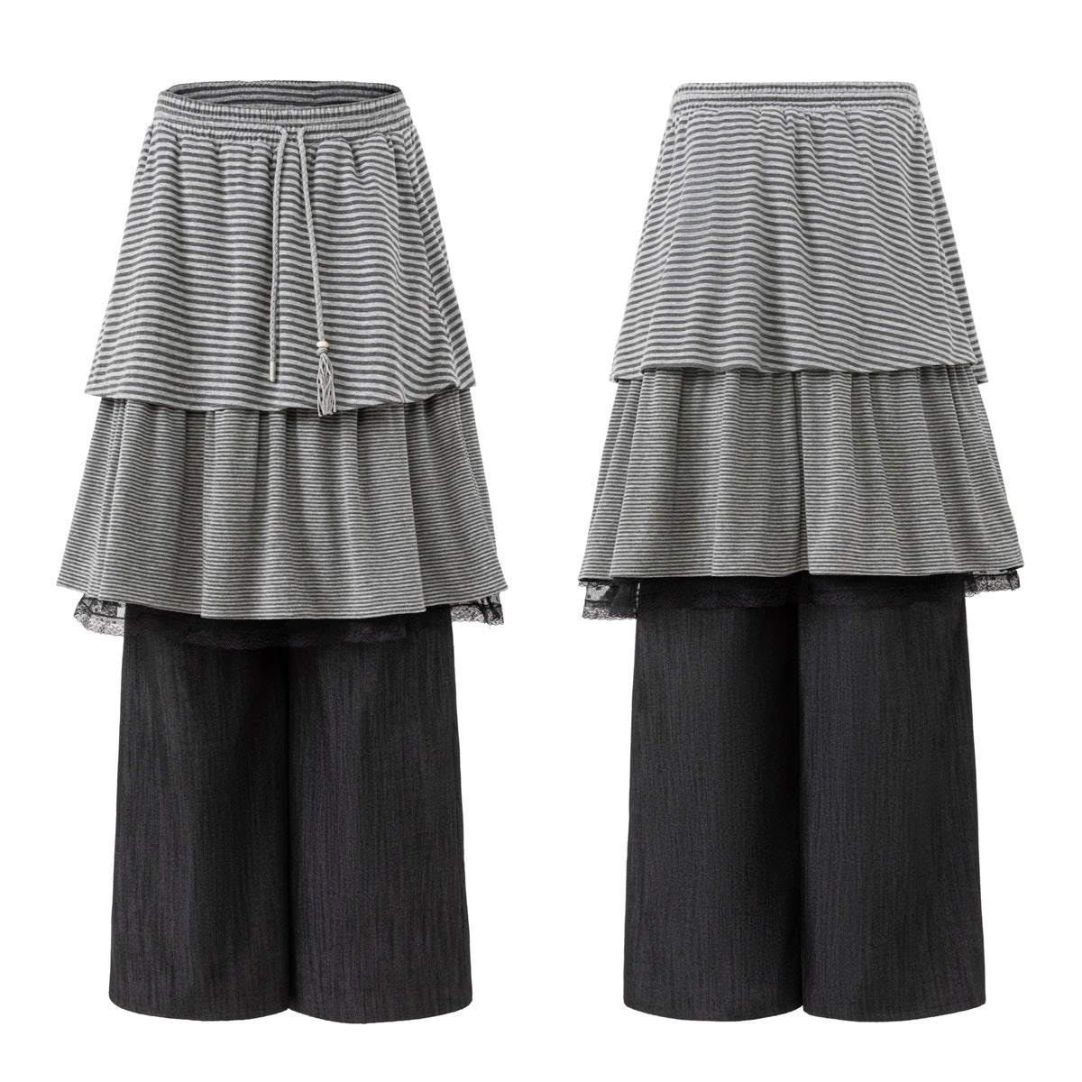Front and back product views of a gray striped, two-tier skirt with a drawstring over wide charcoal pants.