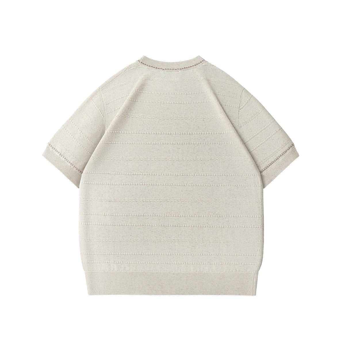 Back view of an ivory short-sleeve knit sweater with a crew neck, ribbed trim, and horizontal textured stitch stripes.