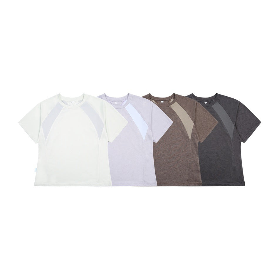 Four short-sleeve color-block T-shirts shown together in white, pale lavender, brown, and charcoal.