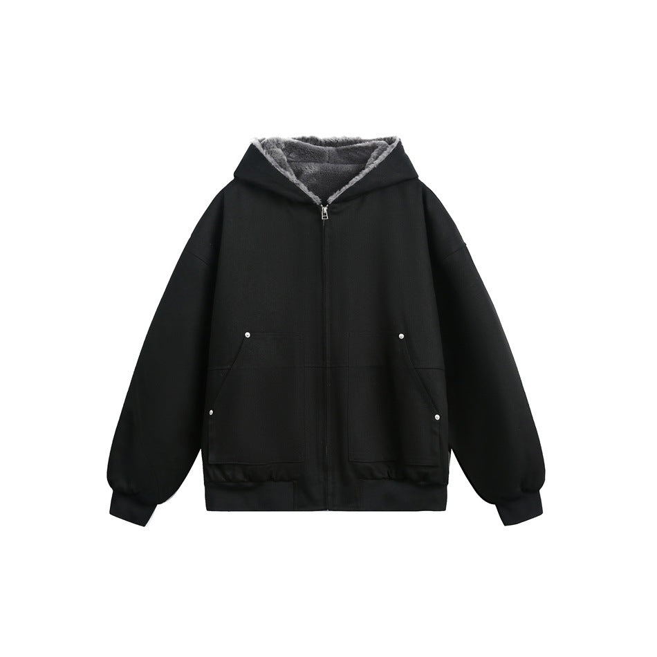Black hooded zip jacket with gray fleece-like hood lining, rivet-accented patch pockets and ribbed cuffs, flat lay