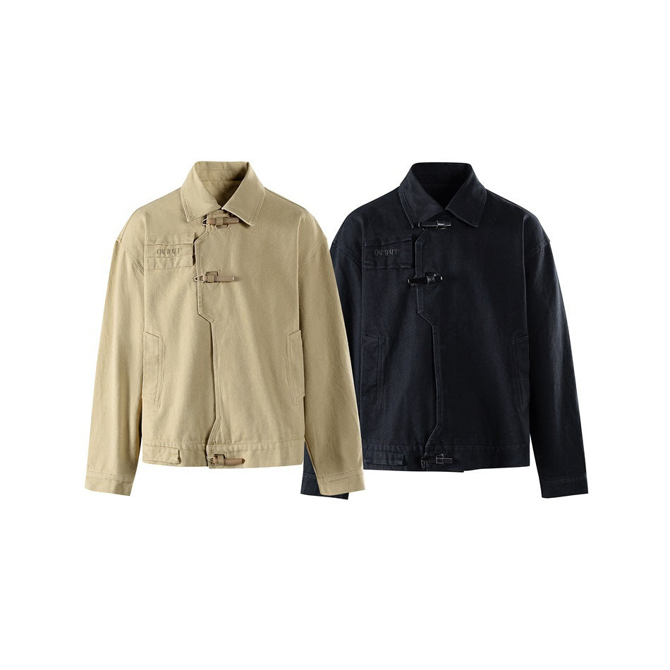 Front views of two collared jackets with toggle closures, one sand-colored and one black.