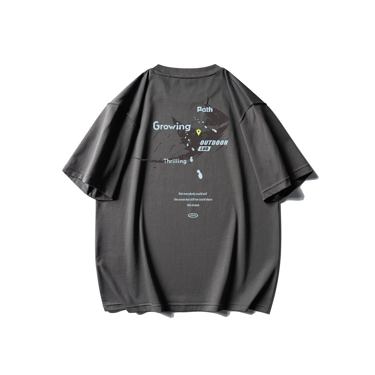 Back view of a charcoal gray oversized T-shirt with a colorful outdoor map graphic and English text.