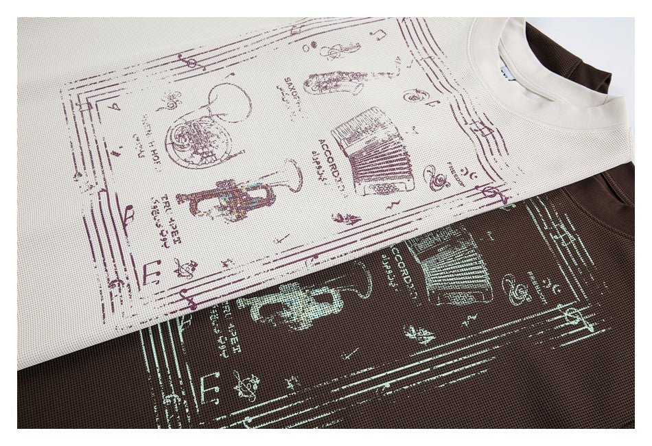 Off-white and dark brown T-shirts shown together with large contrasting front graphics and small text.