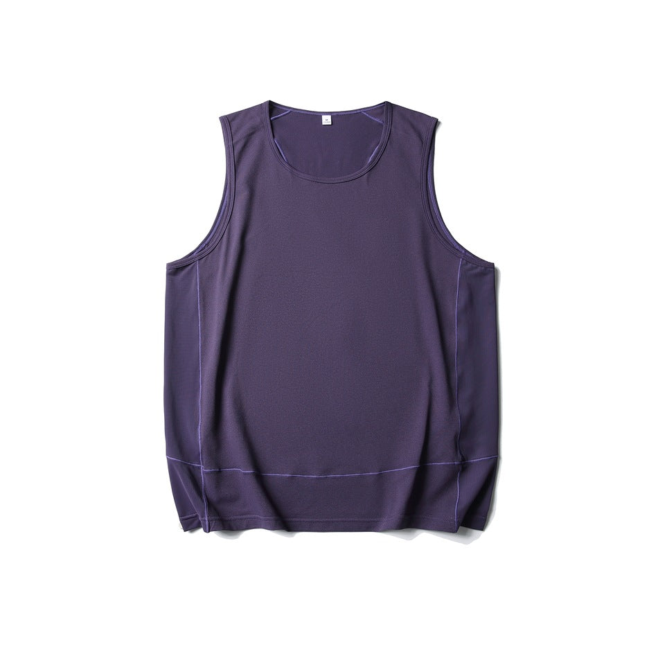 Grape purple sleeveless tank top flat lay with lighter purple contrast stitching at the sides and hem band