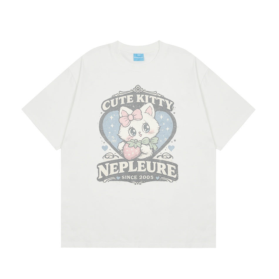 White short-sleeve crew-neck T-shirt with a cartoon kitten holding a strawberry in a blue heart graphic