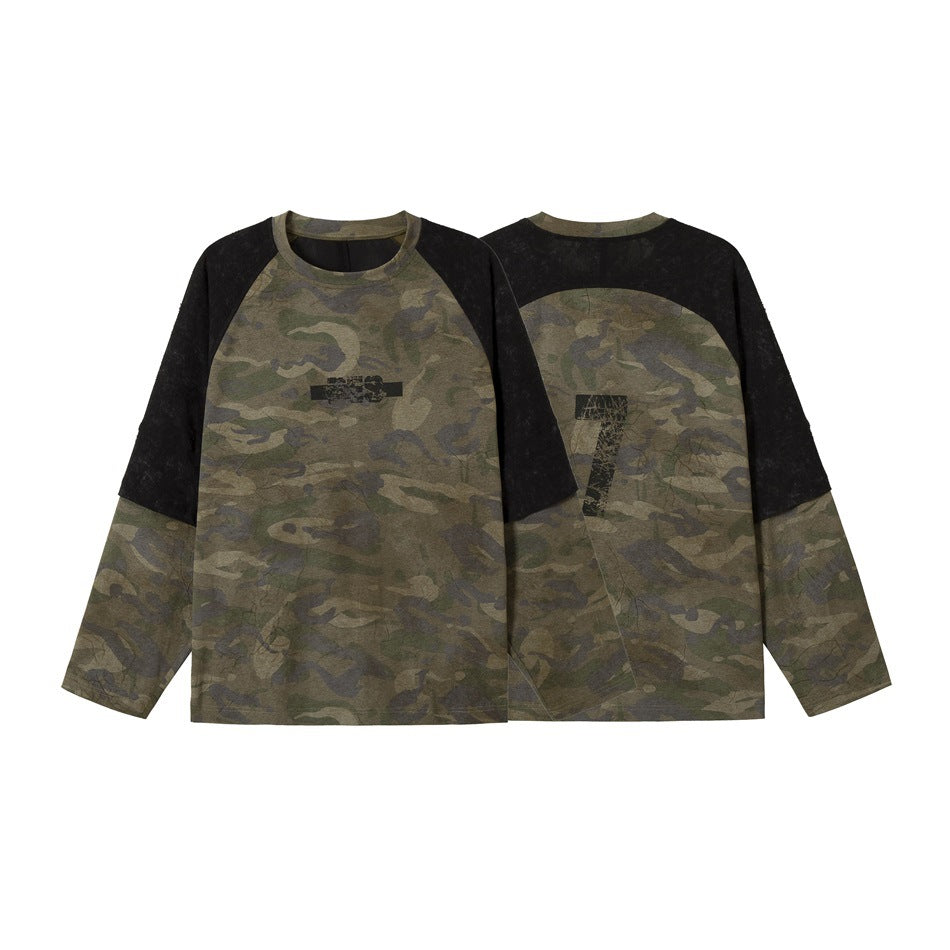 Front and back views of an olive camouflage long-sleeve raglan shirt with black shoulders and distressed graphics.