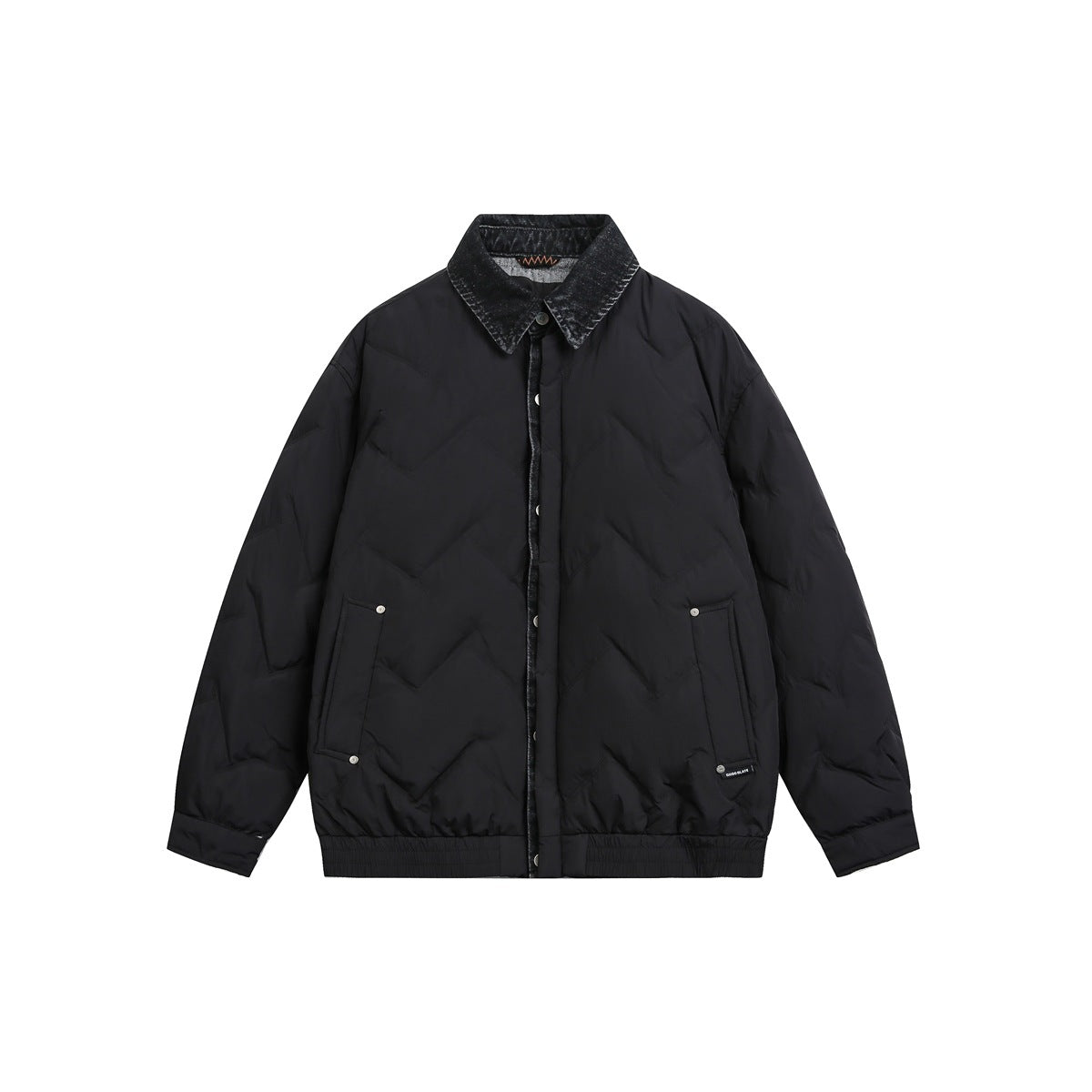 Black chevron-quilted jacket with dark washed denim-look collar, snap placket and front pockets, front view