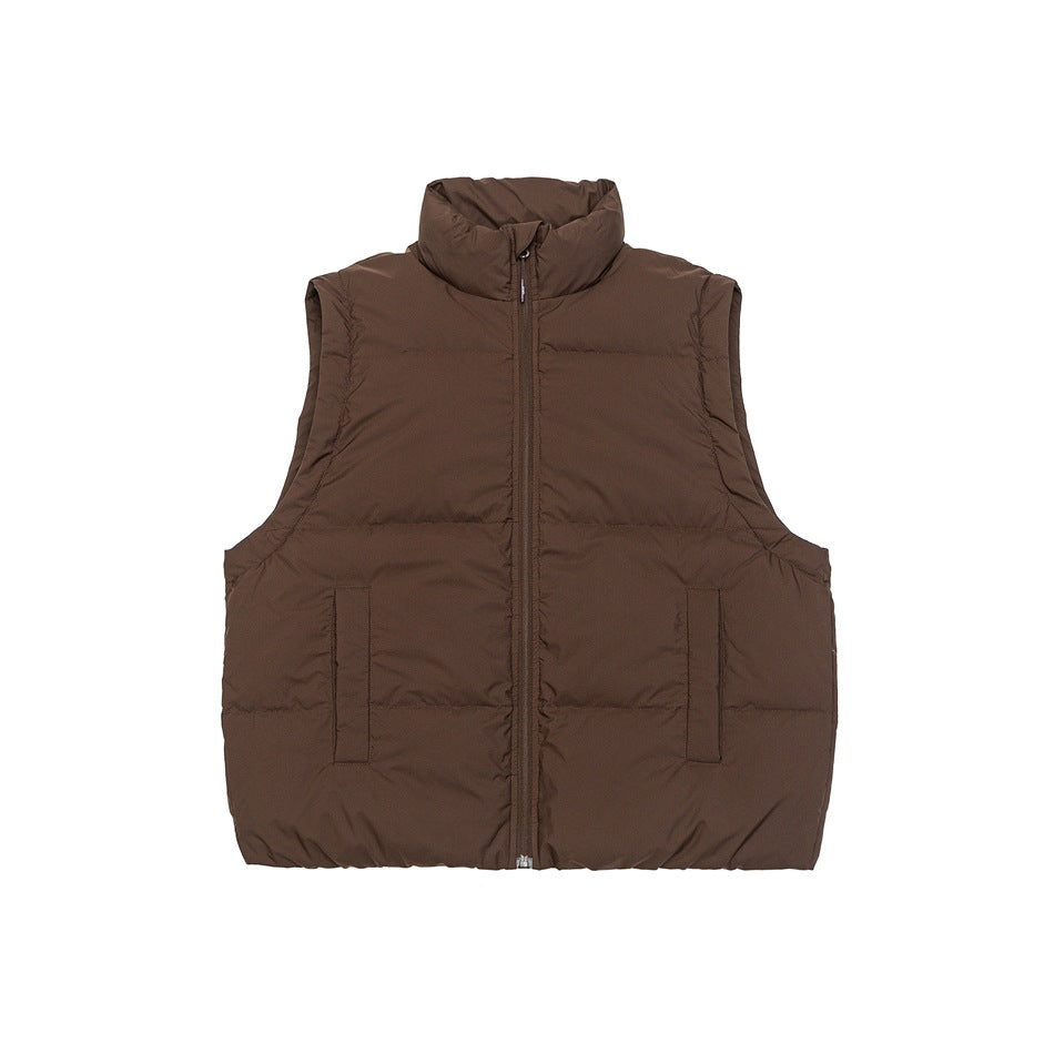 Brown quilted puffer vest with stand collar, front zipper and two front pockets, shown without sleeves