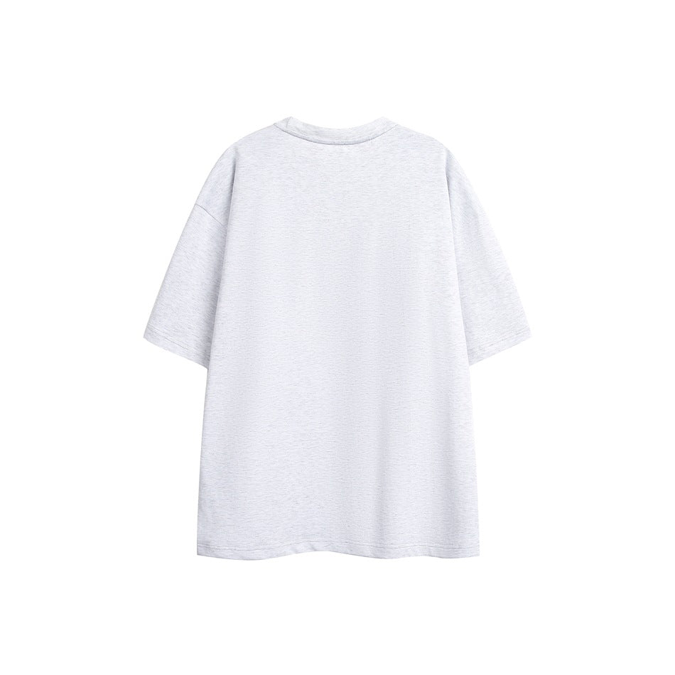 Plain light gray heather short-sleeve T-shirt shown from the back on a white background.