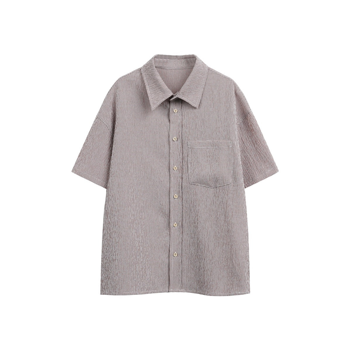Reddish-brown micro-check short-sleeve button-up shirt with chest pocket, flat front view on white background