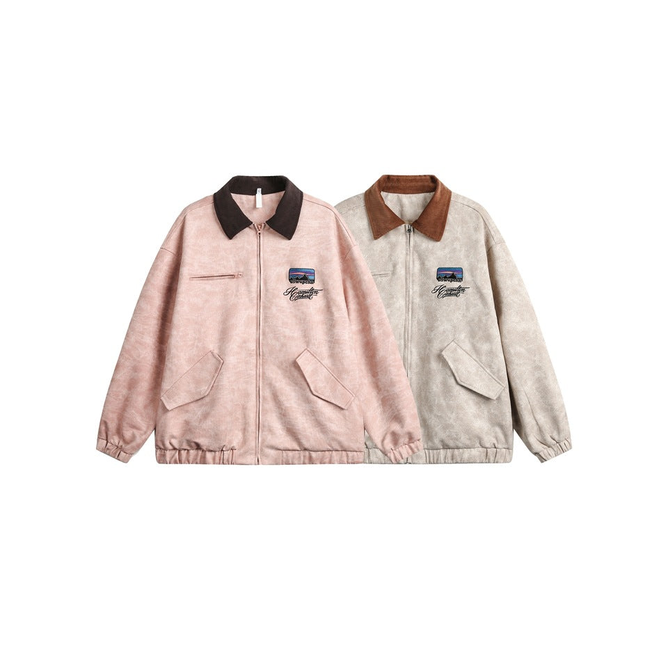 Two zip jackets shown side by side: one dusty pink with a dark collar and one light beige with a brown collar.