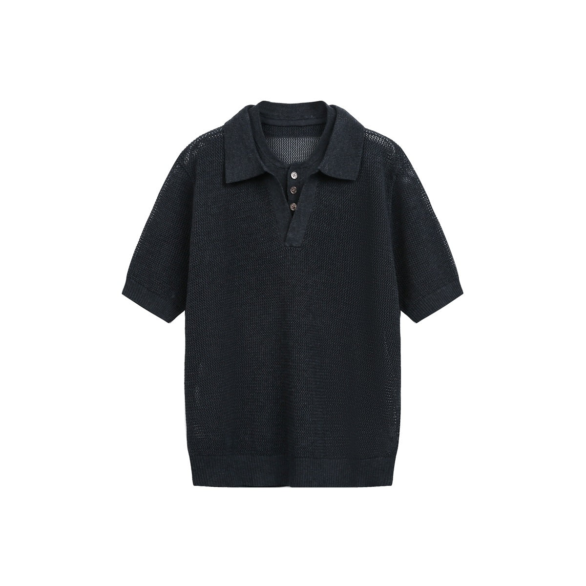 Black open-knit short-sleeve polo top with collar, three buttons and ribbed cuffs and hem, front flat view