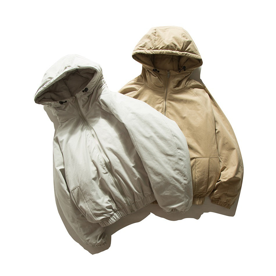 Two hooded zip jackets shown together in off-white and tan, with elastic hems and cuffs.