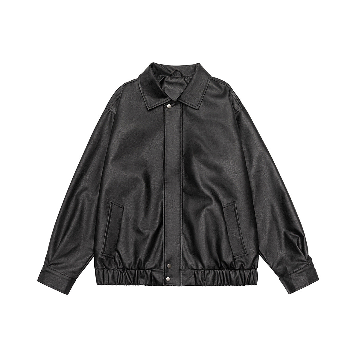 Black faux-leather collared jacket with front snap placket, side pockets and elastic hem, flat front view
