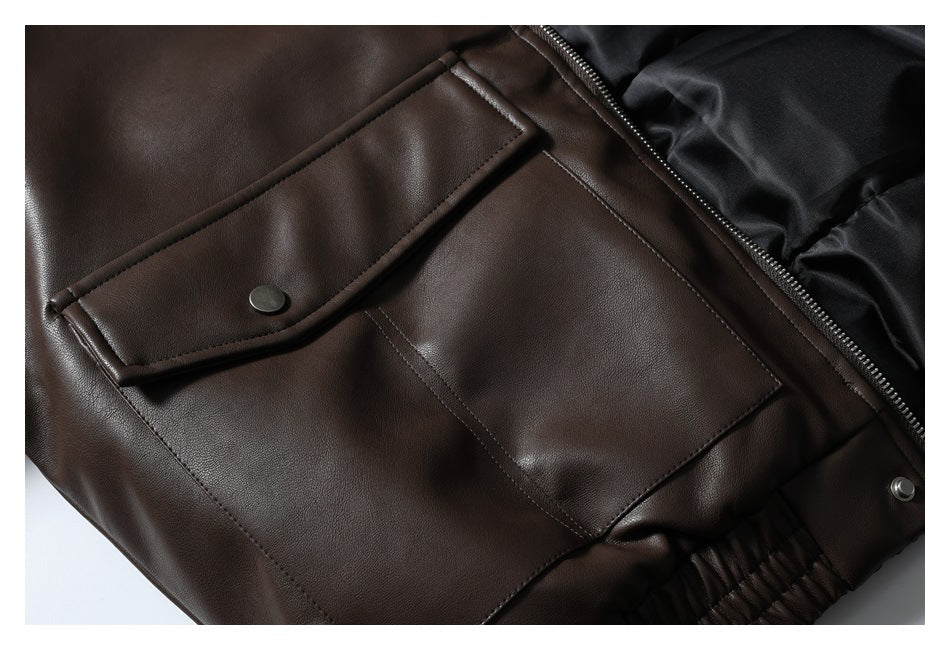 Close-up of a dark brown jacket's snap-flap pocket, stitched panel and black lining.