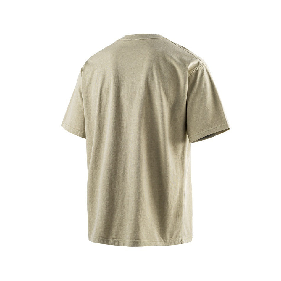 Plain beige short-sleeve crew-neck T-shirt shown from the back.