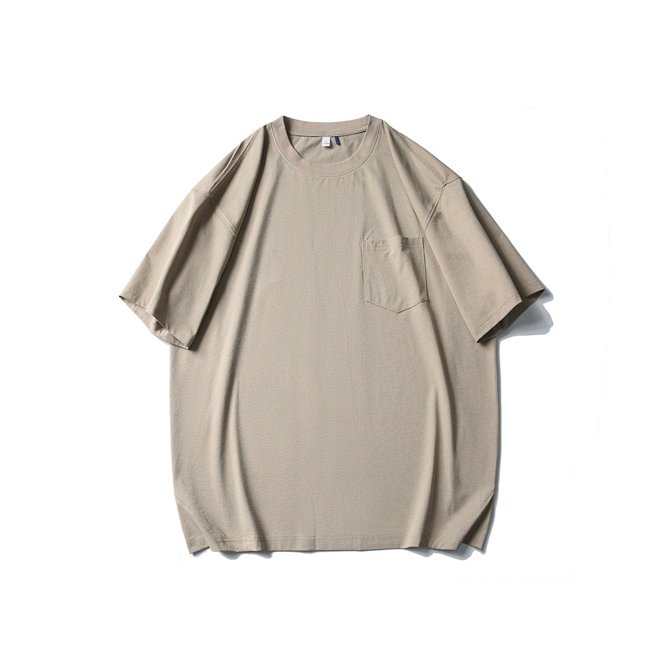 Khaki short-sleeve crew neck T-shirt with chest pocket, flat lay front view