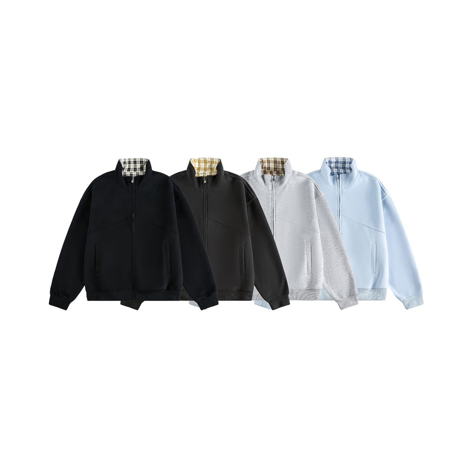 Four front views of zip-up jackets in black, dark brown, light gray, and pale blue, with plaid inner collars.