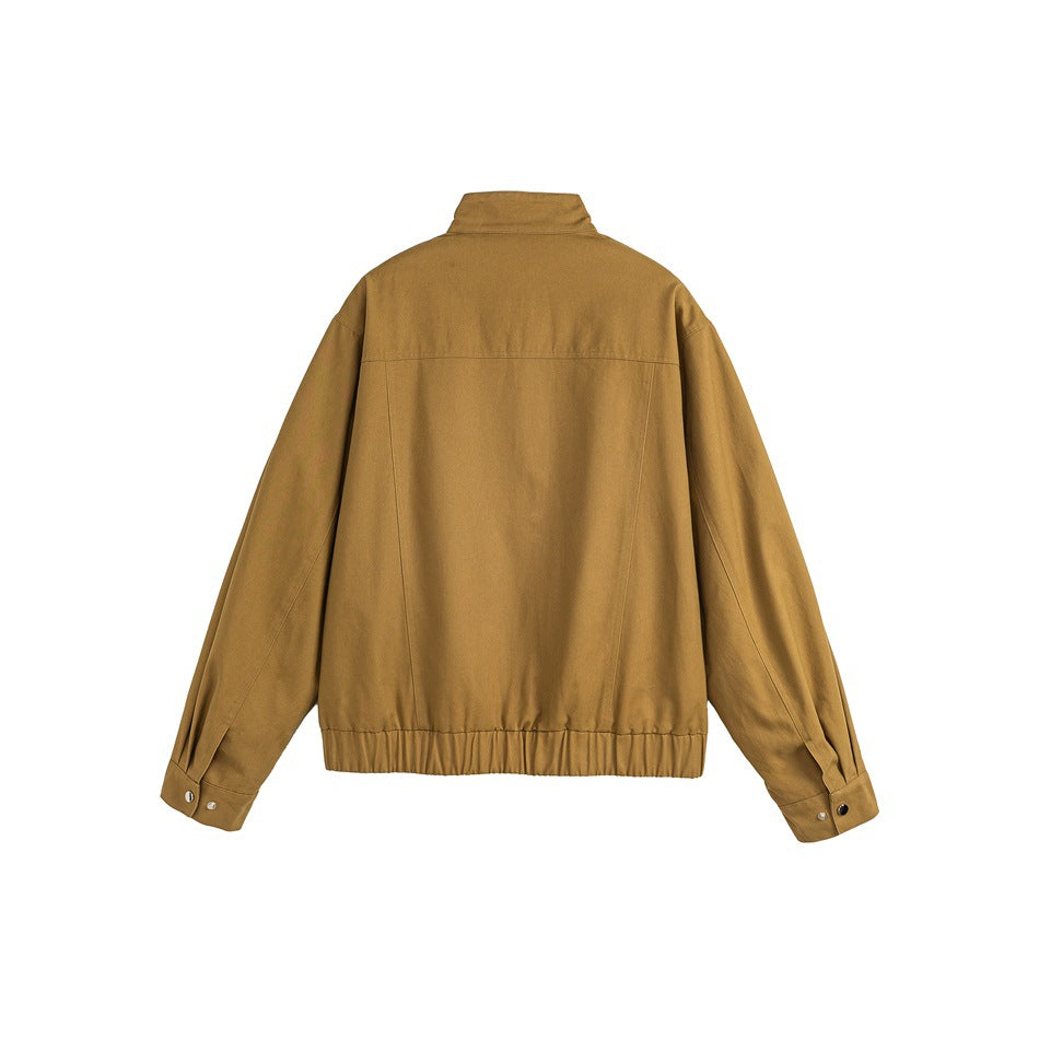 Back view of a tan-brown jacket with a stand collar, long sleeves, and an elasticated hem.