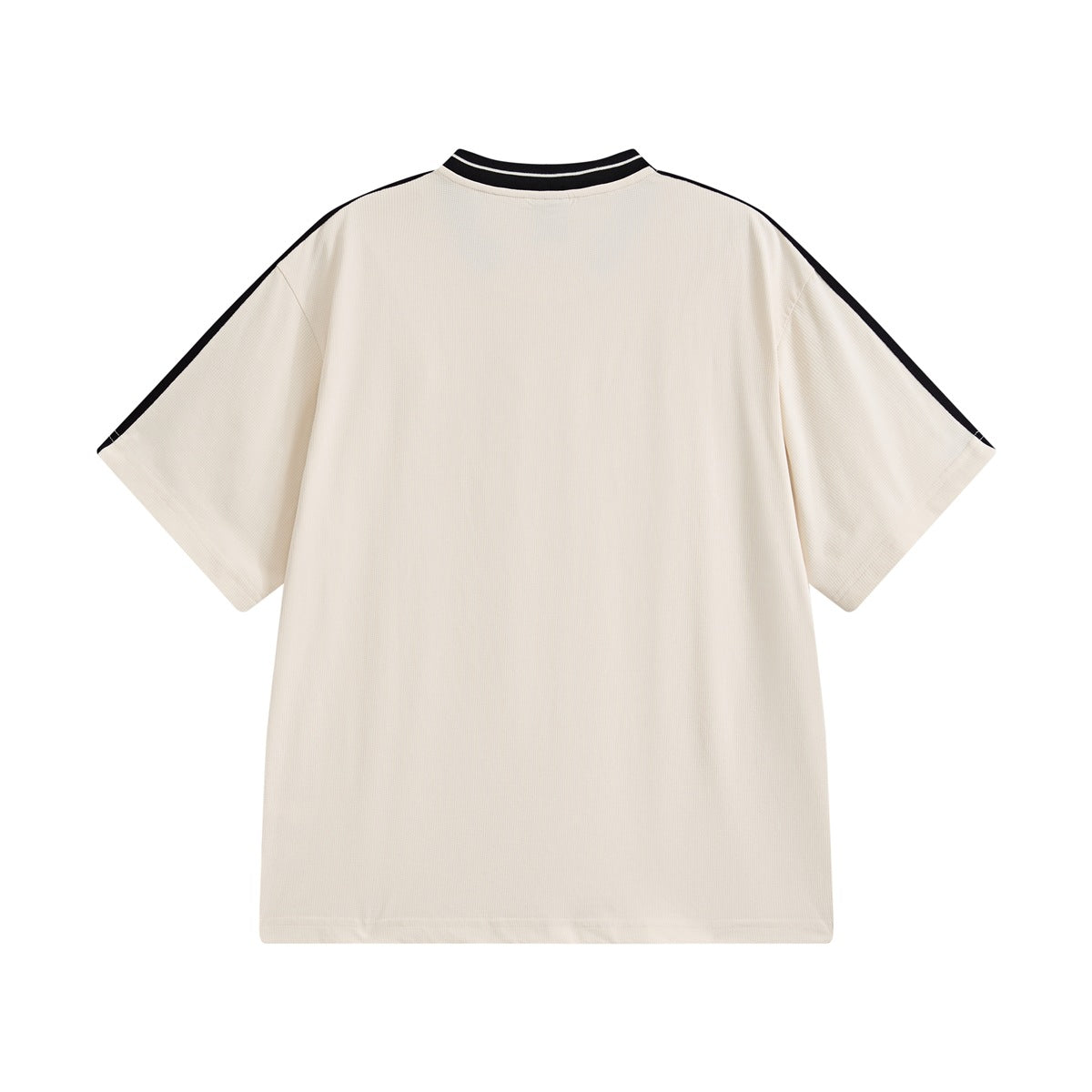Back view of beige short-sleeve T-shirt with black striped collar and black shoulder panels