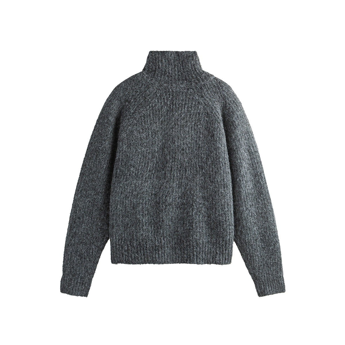 Back view of a charcoal-gray knitted sweater with a high neck, long sleeves, and ribbed hem and cuffs.