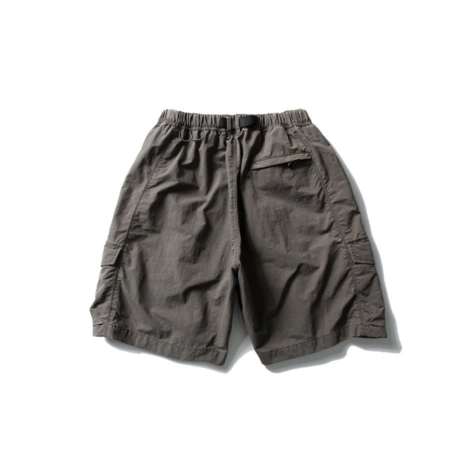 Dark gray cargo shorts shown flat from the front, with an elastic waist, belt, and large side pockets.