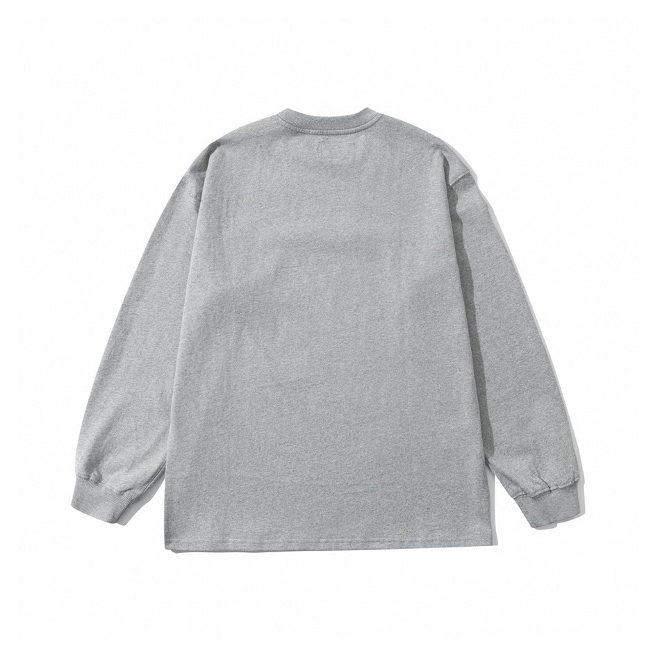 Back view of a plain heather-gray long-sleeve crewneck shirt laid flat.