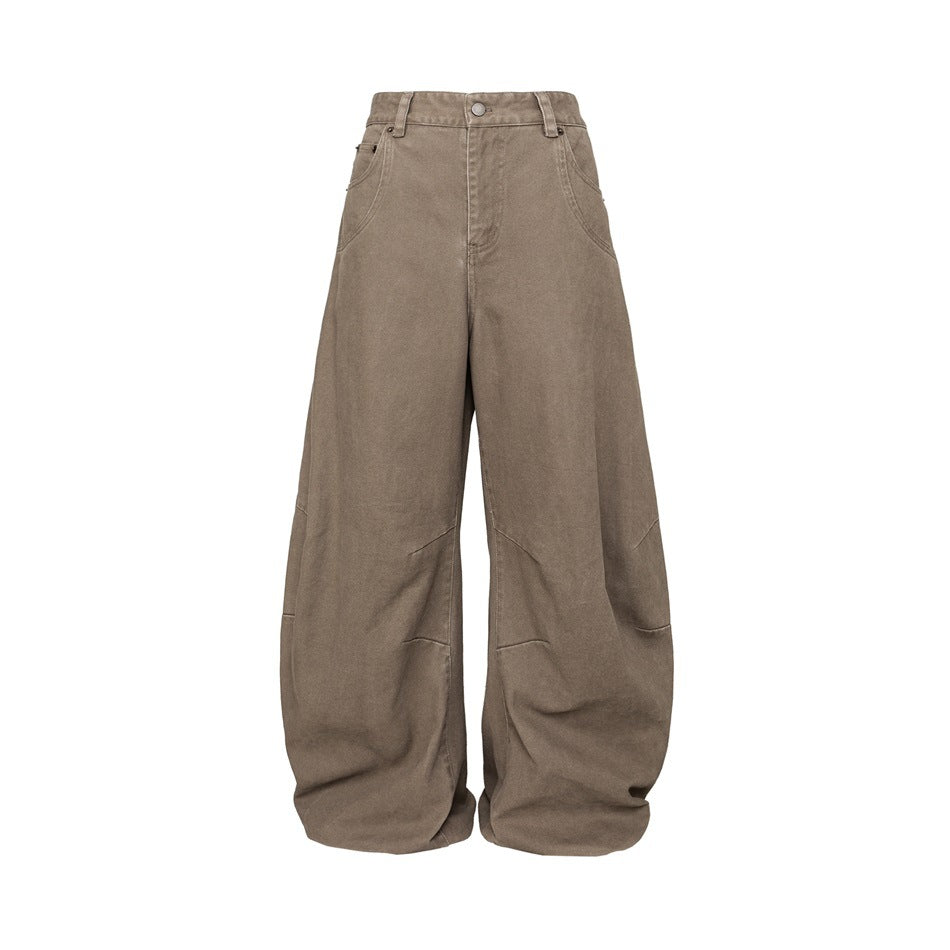 Front view of taupe wide-leg trousers with a button waist, belt loops and curved front pockets.
