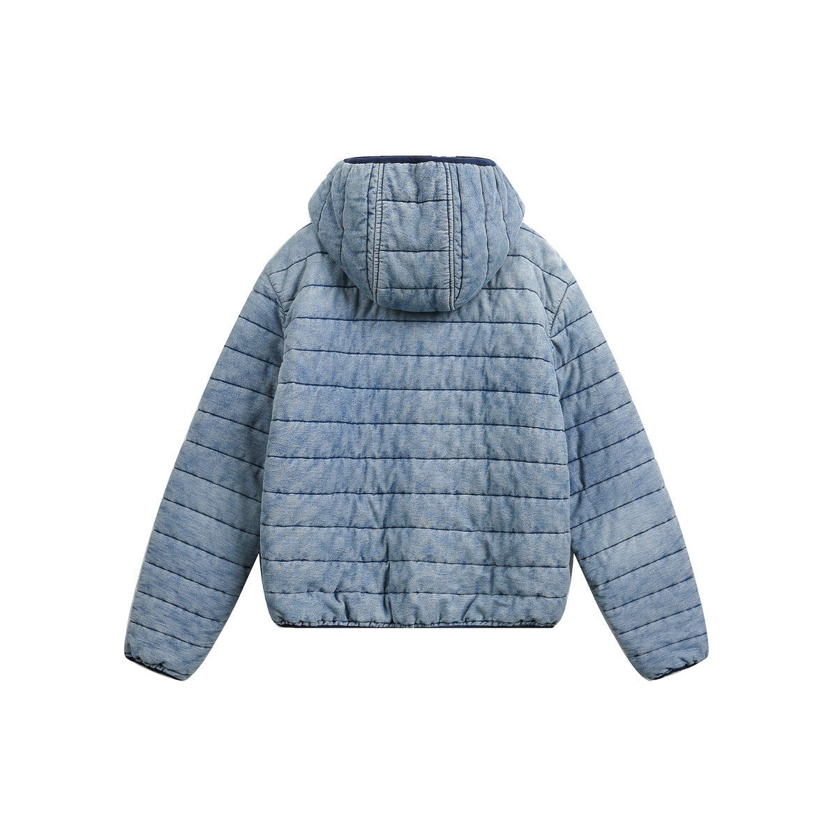 Back view of light blue washed quilted hooded jacket with horizontal navy stitching and elasticized hem