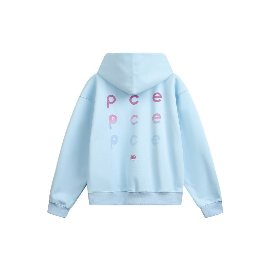 Back view of a sky blue hooded sweatshirt with a gradient pink-to-blue lowercase letter print and ribbed cuffs and hem