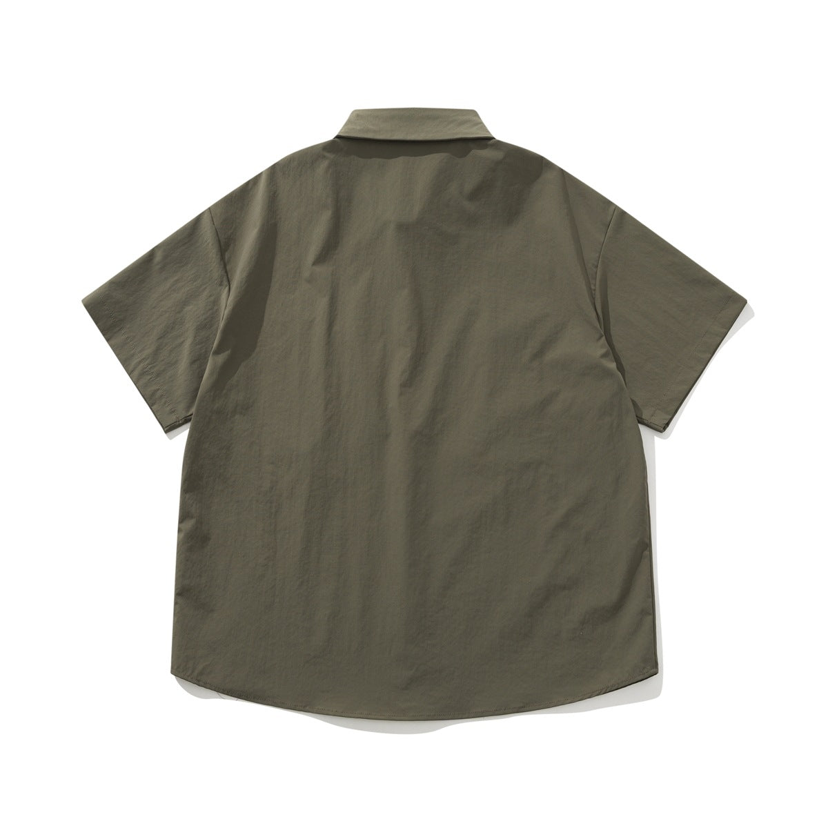 Back view of a dark olive short-sleeve button-up shirt with a pointed collar and curved hem.