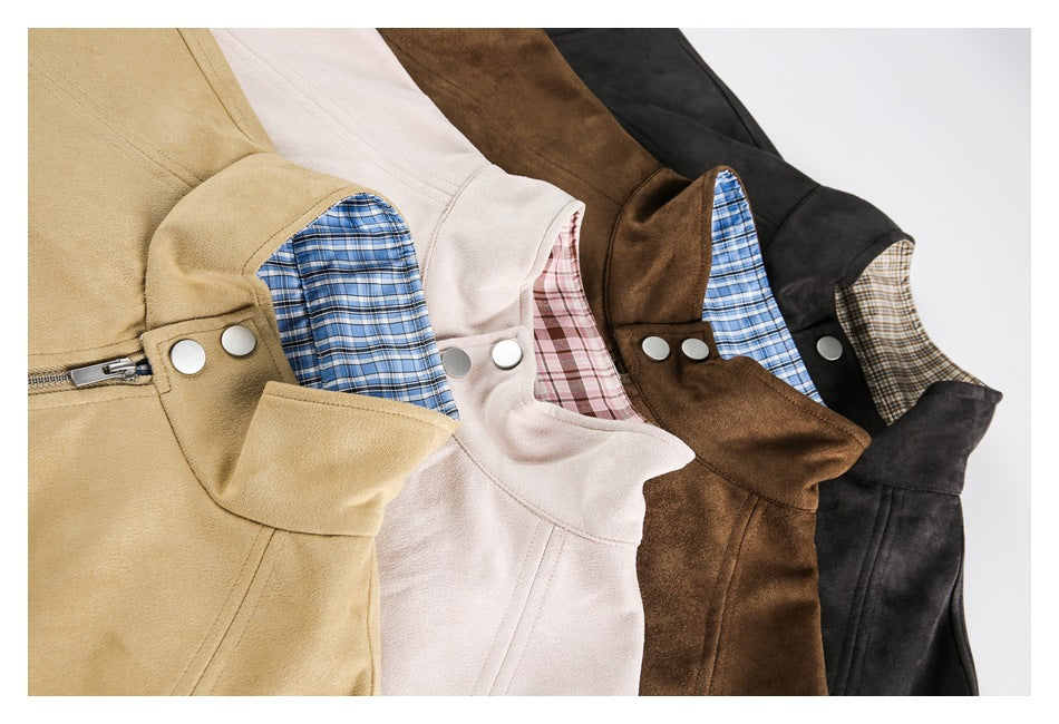 Close-up of four jackets in tan, pale blush, brown, and black, showing plaid collar linings and snap details.