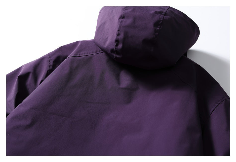 Cropped back view of a deep purple hooded jacket, showing the hood and upper back.