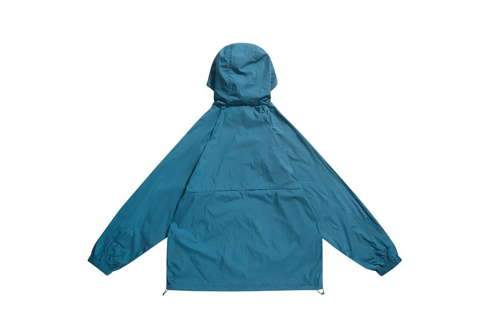 Teal-blue hooded jacket shown from the back, with elastic cuffs and adjustable hem.