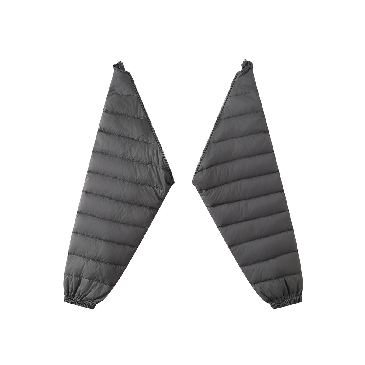 Two detached charcoal-gray quilted jacket sleeves with zippers and elastic cuffs, arranged separately.