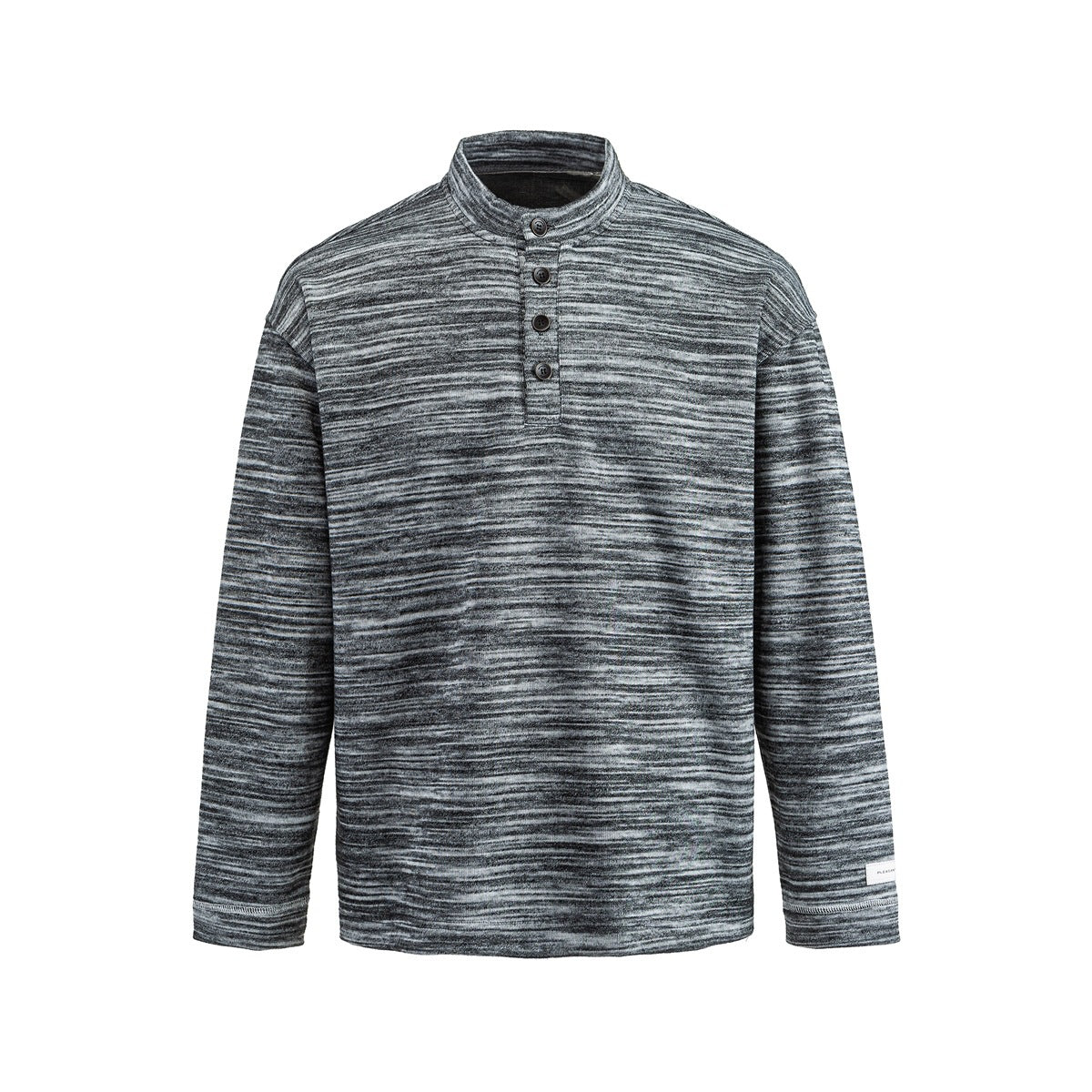 Black-gray streaky henley pullover with stand collar, four dark buttons and drop shoulders, flat front view