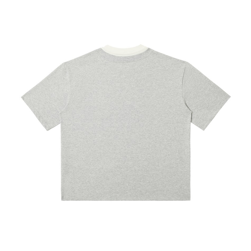 Plain light gray short-sleeve T-shirt shown from the back, with a white contrast collar.
