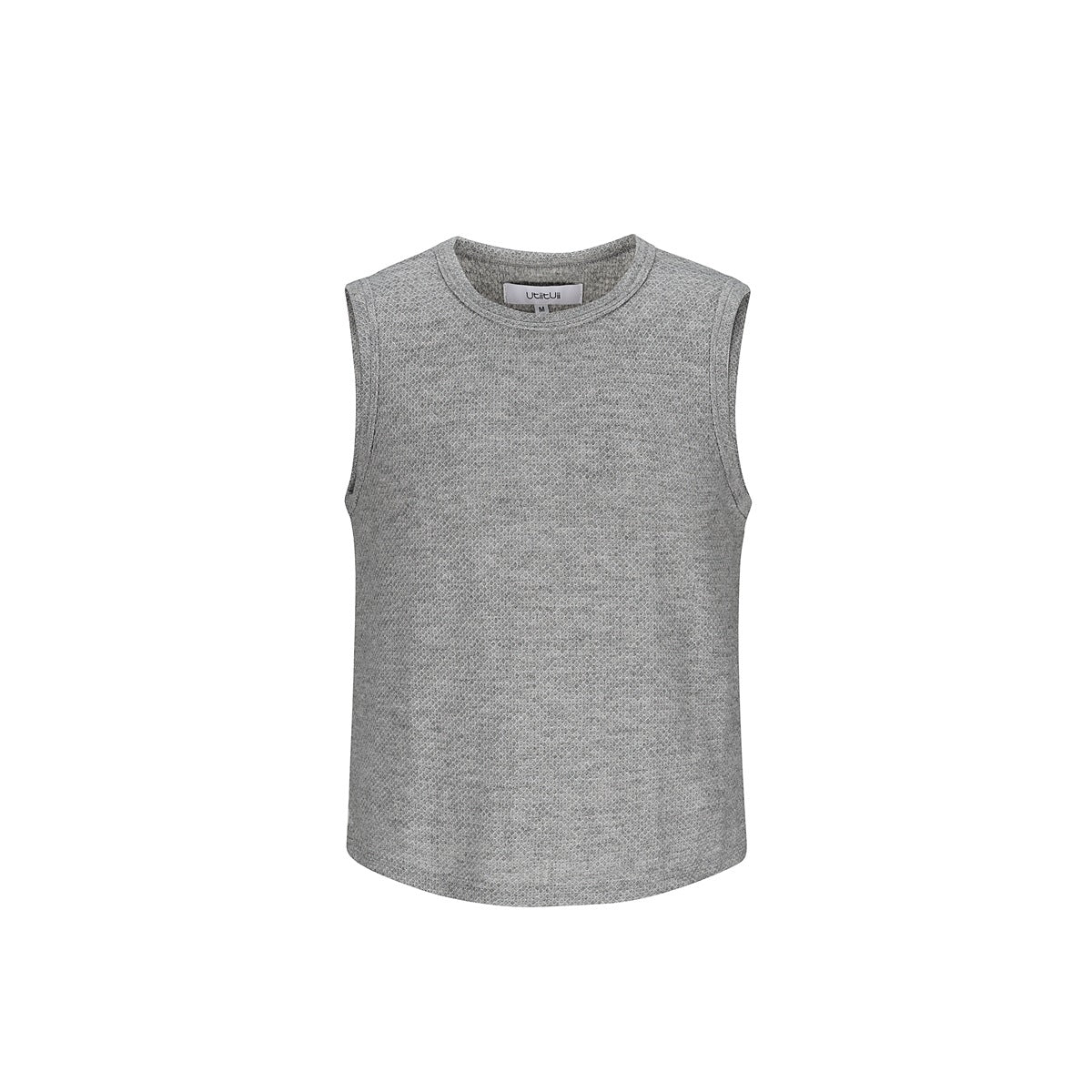Heather gray sleeveless crew-neck tank top with textured diamond-pattern knit, front view
