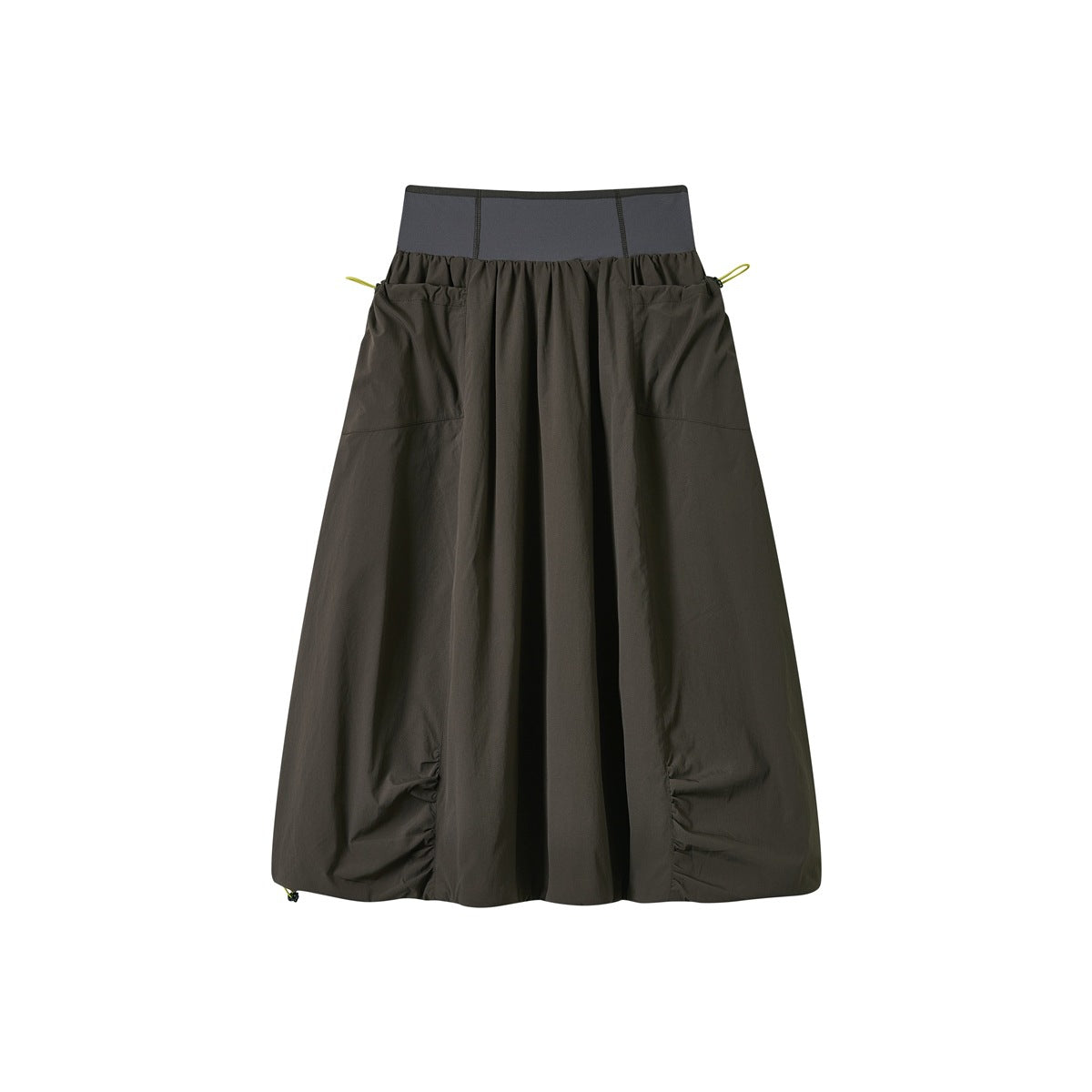 Back view of a dark charcoal flared skirt with a contrasting gray waistband, gathered pockets, and lime cord loops.
