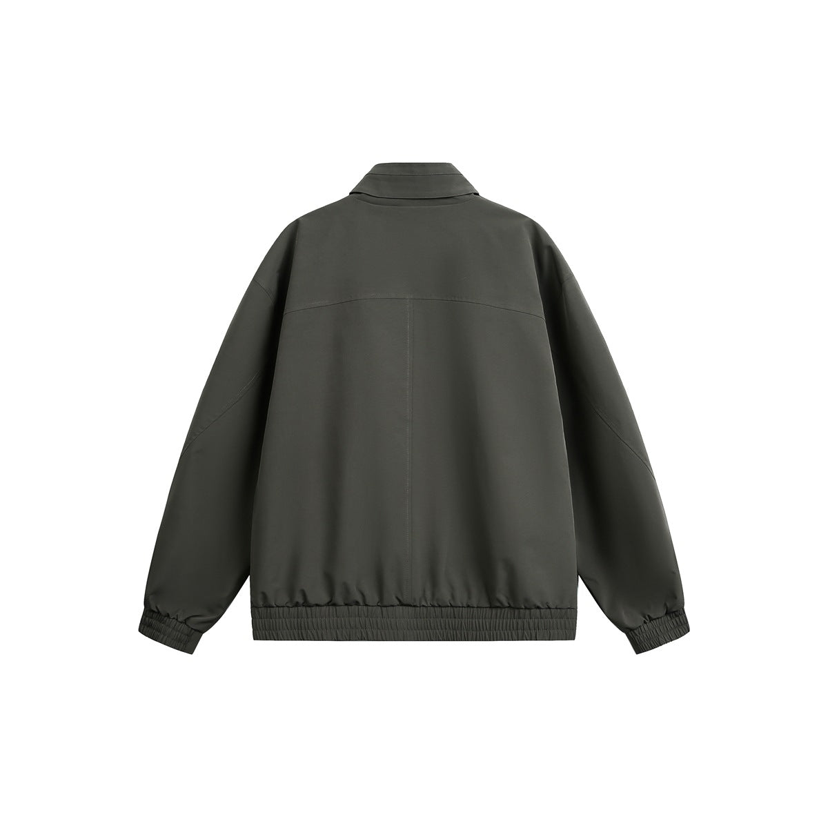 Back view of a charcoal gray jacket with a high collar, long sleeves, and elasticated cuffs and hem.