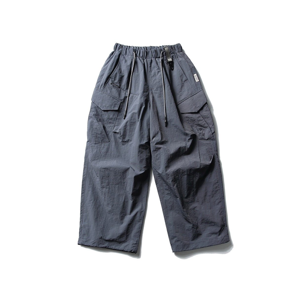 Front view of Haze Blue wide-leg cargo pants with drawstring, elastic waist and large flap pockets
