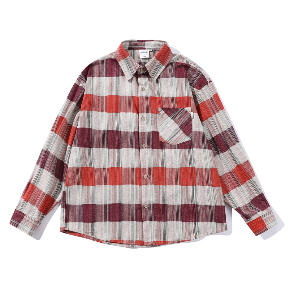 Red, burgundy and light gray plaid long-sleeve button-up shirt with chest pocket, flat lay front view