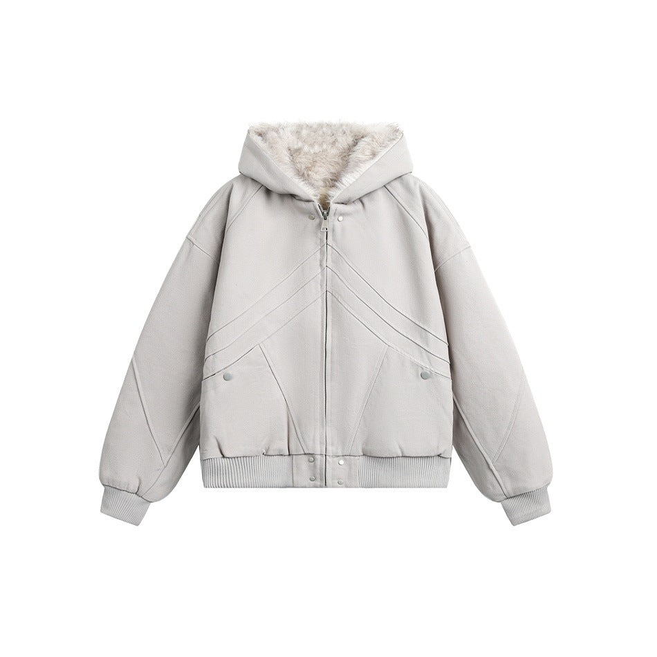 Light khaki hooded zip jacket flat lay with cream fleece-like hood lining, paneled seams and ribbed cuffs
