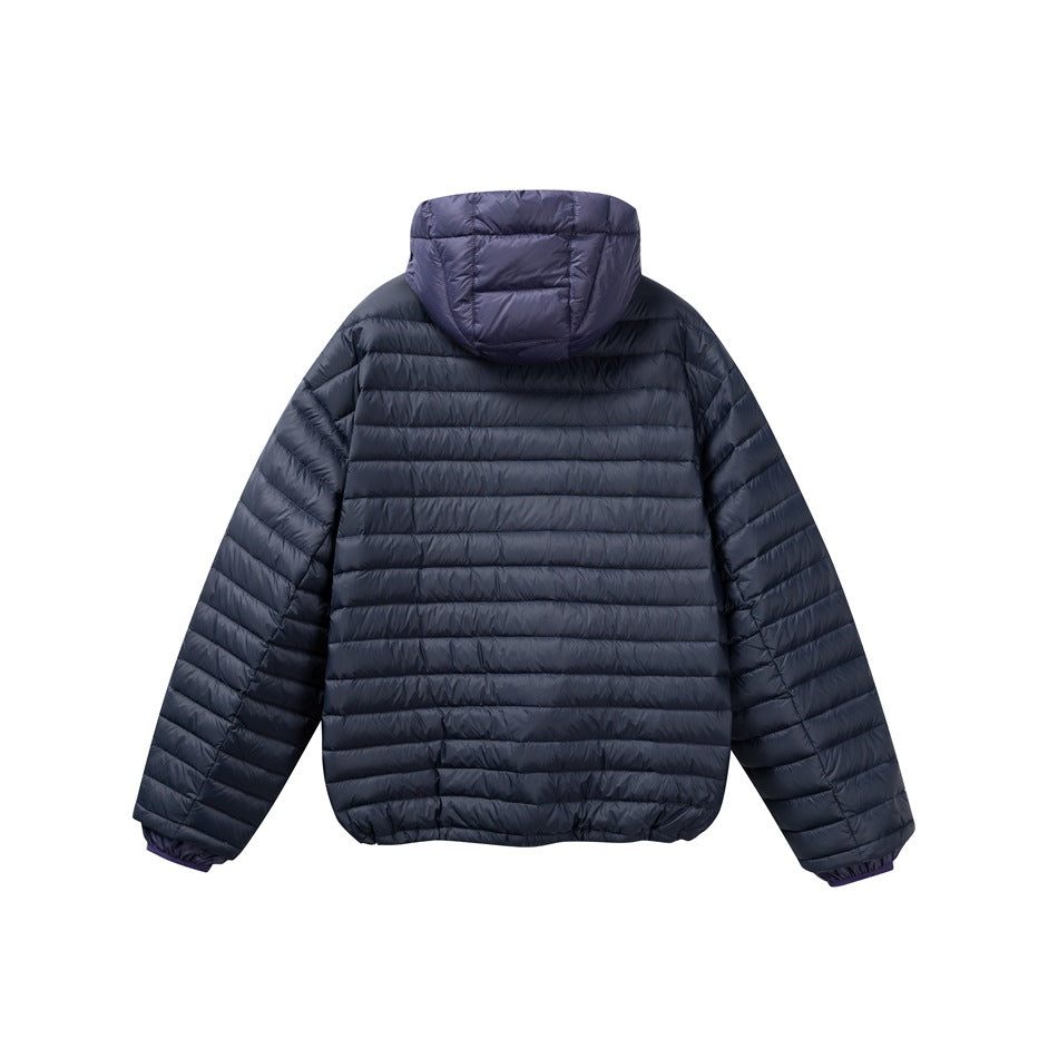 Back view of a dark navy quilted hooded jacket with a purple hood.