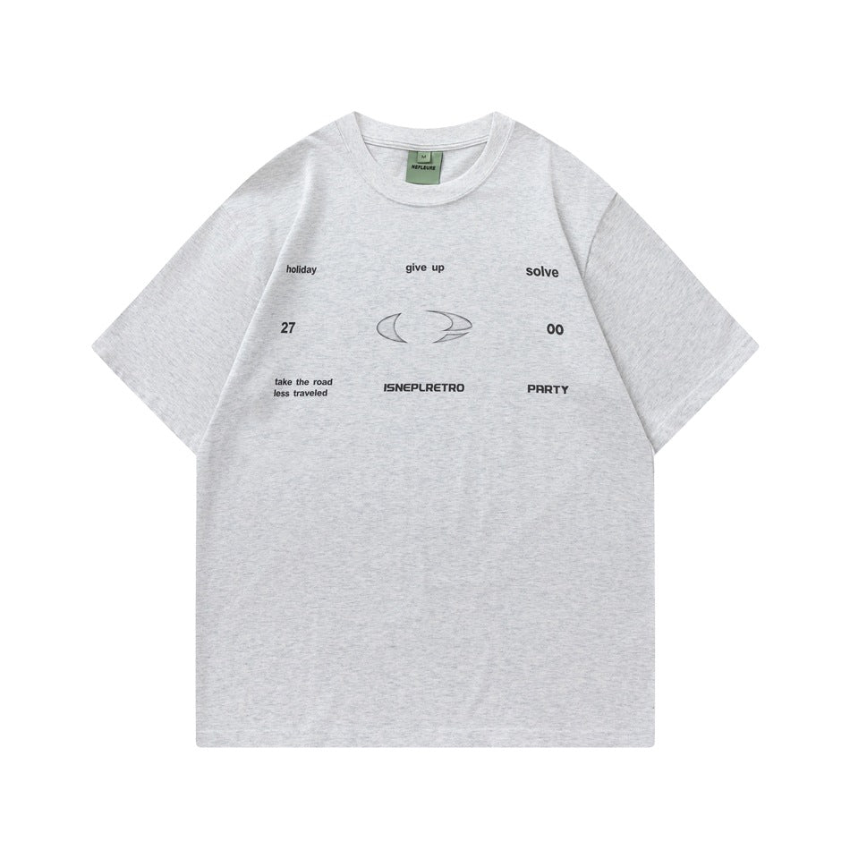 Light heather gray short-sleeve crew-neck T-shirt with small black text prints and an oval graphic on the front