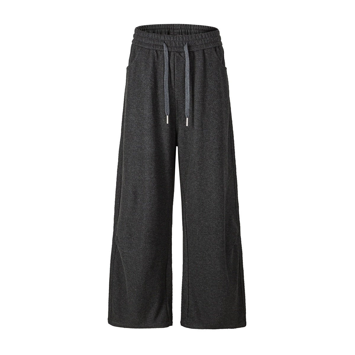 Dark gray wide-leg drawstring pants with elastic waist, flat lay front view